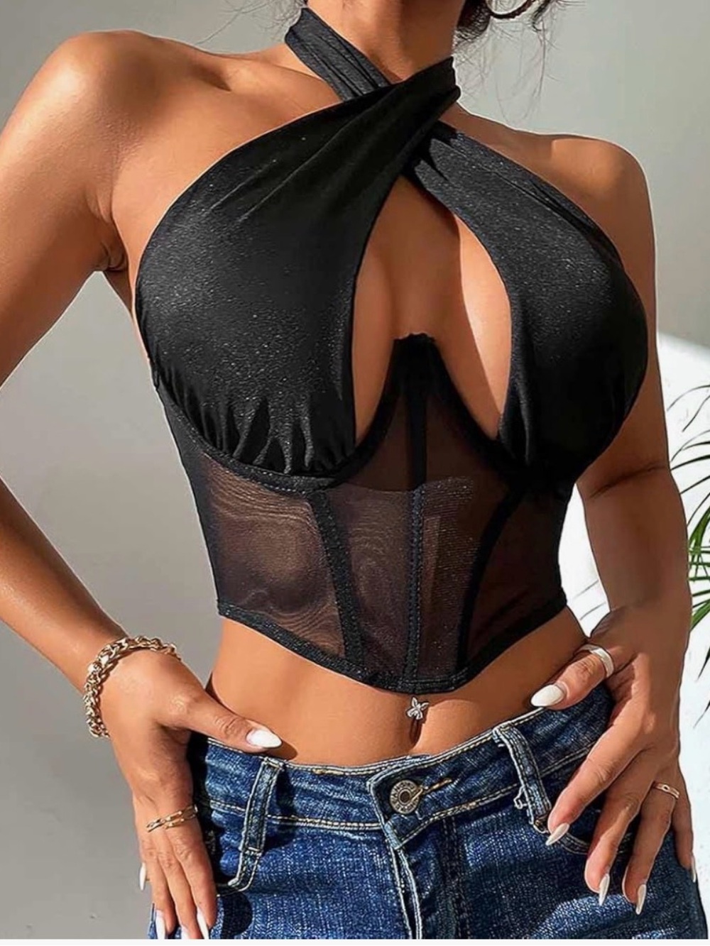 Black Halter Mesh Corset Top - Women